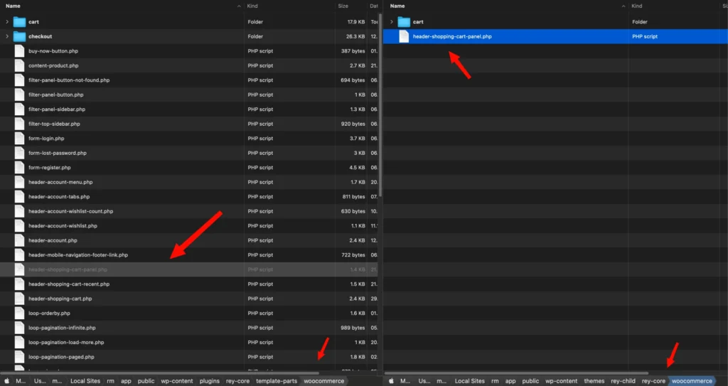 rey template parts, core and child theme Two file trees side by side, one showing plugins/rey-core/template-parts/woocommerce/header-shopping-cart-panel.php and the other the matching themes/rey-child/rey-core/woocommerce/header-shopping-cart-panel.php, so the rename and the preserved subfolders are visible at a glance.